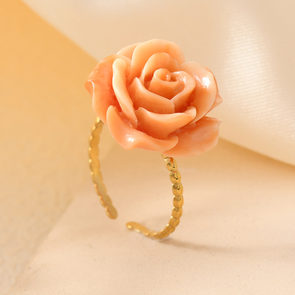 New Pink Embossed Flower Shell Pink Synthetic Rose Ring